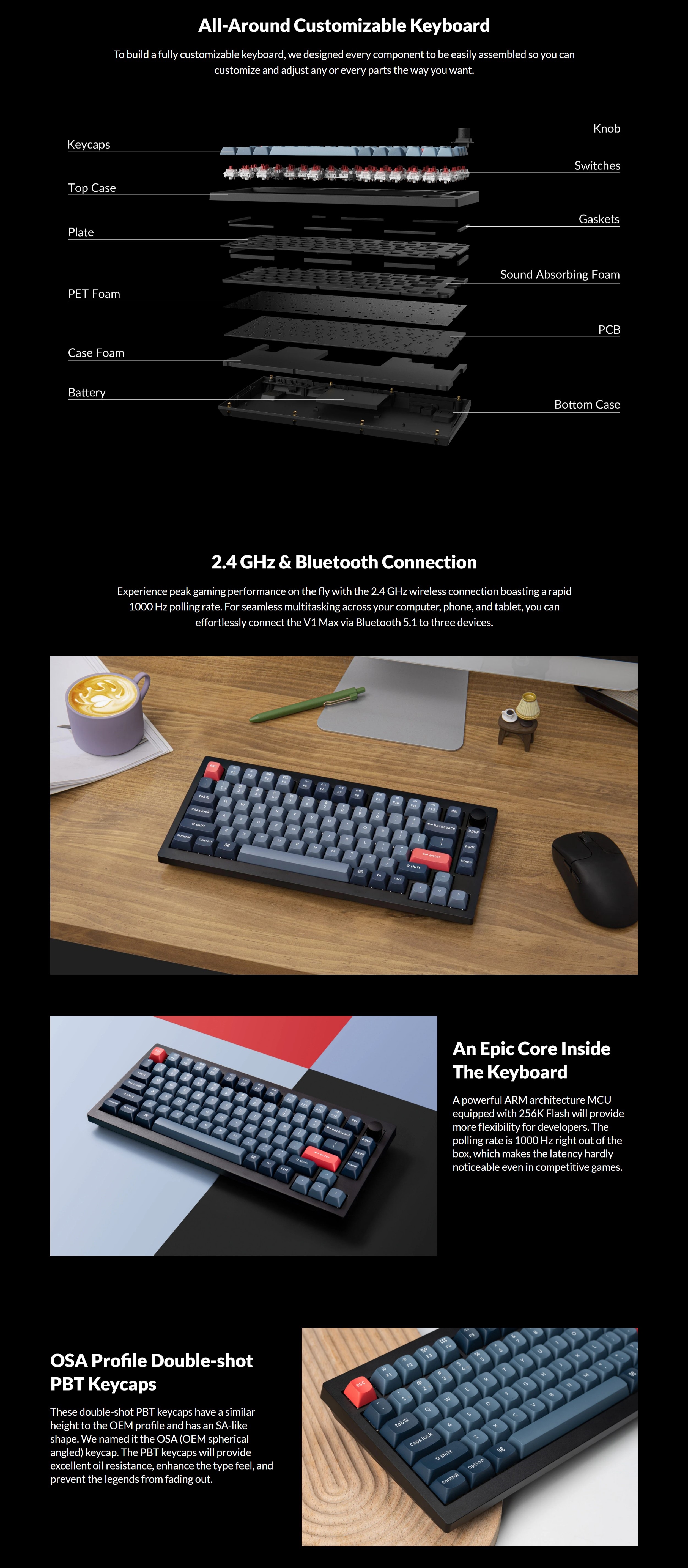 A large marketing image providing additional information about the product Keychron V1 Max - 75% QMK/VIA Wireless Custom Mechanical Keyboard - Black (Silent K Pro Switch) - Additional alt info not provided